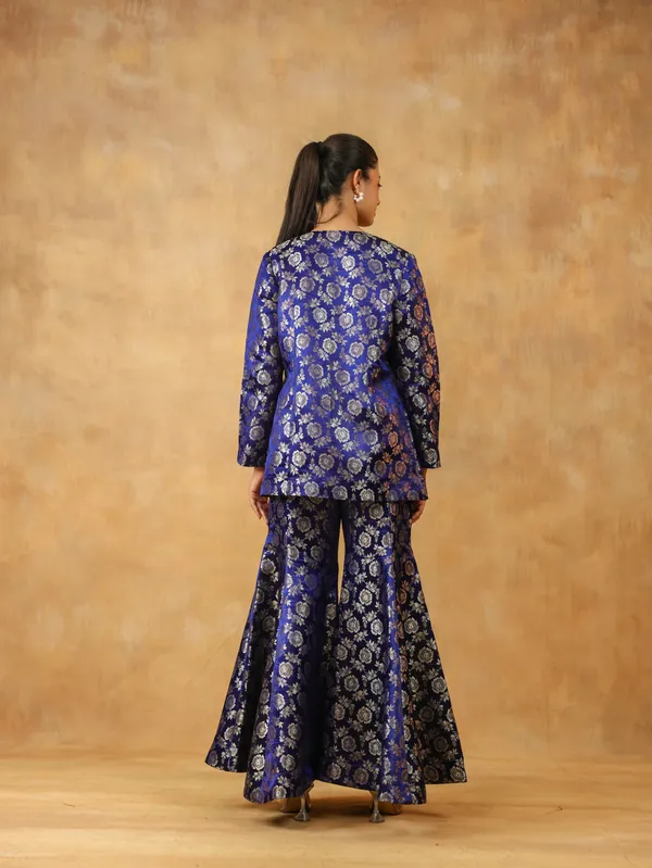 Blue_Floral_Brocade_Jacket_Style_Top_&_Flared_Pants_Set