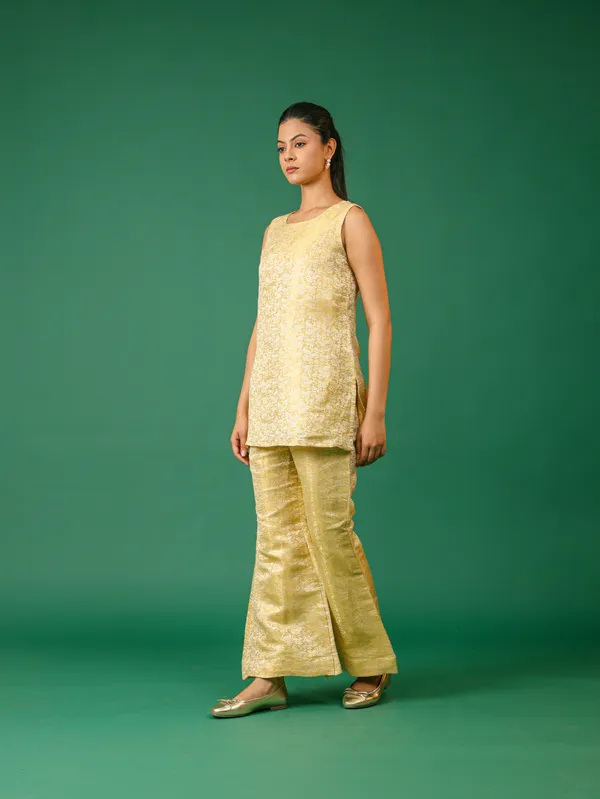 Lime_Yellow_Embroidered_Brocade_Kurta_Set_With_Flared_Pants