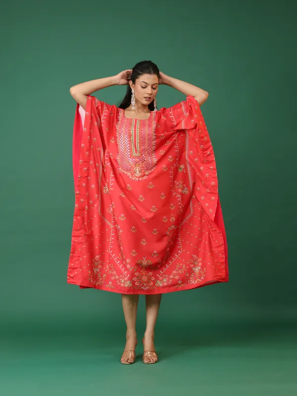 Coral_Red_Embroidered_Kaftan_Dress_With_Golden_Sequin_Work