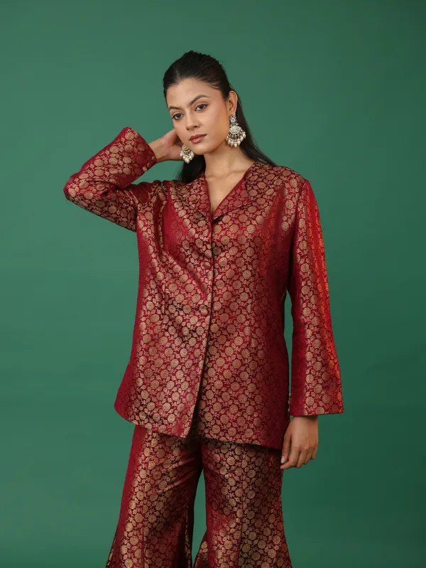 Red_Brocade_Kurta_Set_With_Flared_Palazzo_Pants_And_Dupatta
