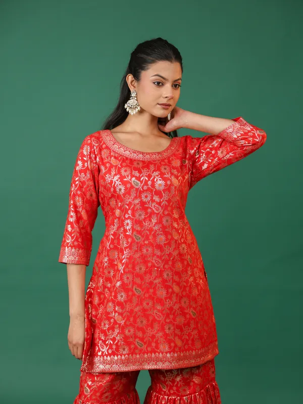 Red_Brocade_Kurta_And_Sharara_Set_With_Golden_Embroidery
