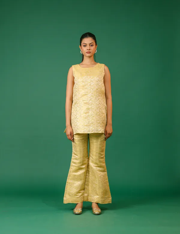 Lime_Yellow_Embroidered_Brocade_Kurta_Set_With_Flared_Pants