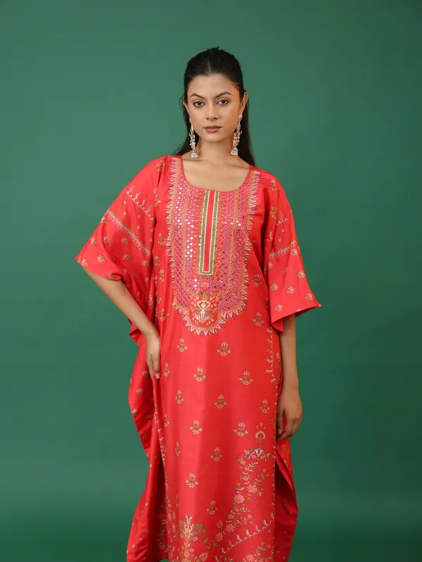 Coral_Red_Embroidered_Kaftan_Dress_With_Golden_Sequin_Work