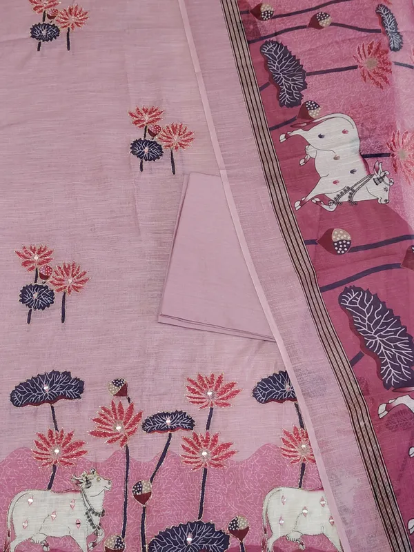 Pink_Linen_Chanderi_Cow_Pichwai_Print_And_Zari_Work_Unstitched_Suit_Set_For_Women