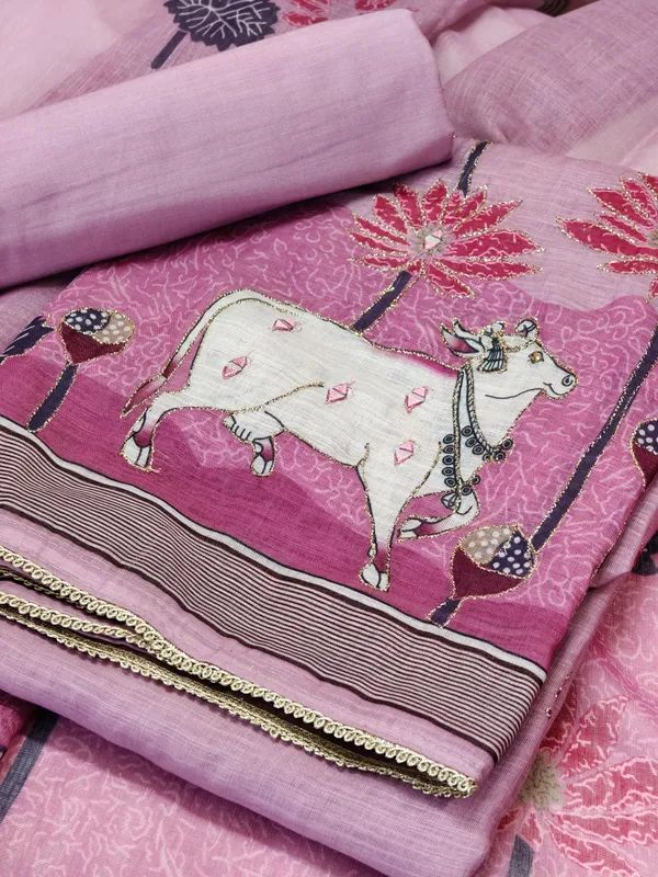 Pink_Linen_Chanderi_Cow_Pichwai_Print_And_Zari_Work_Unstitched_Suit_Set_For_Women
