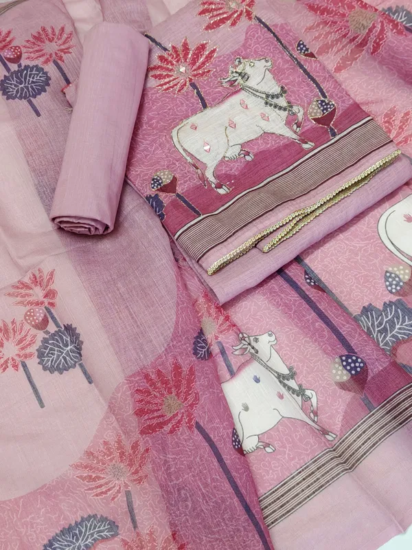 Pink_Linen_Chanderi_Cow_Pichwai_Print_And_Zari_Work_Unstitched_Suit_Set_For_Women