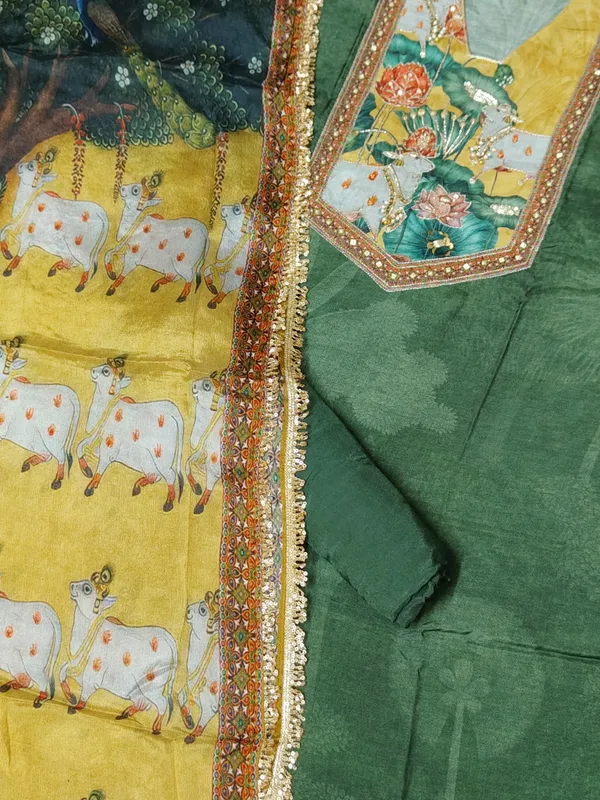Green_Crepe_Silk_Cow_Pichwai_Print_With_Handwork_Neck_Unstitched_Suit_Set_For_Women