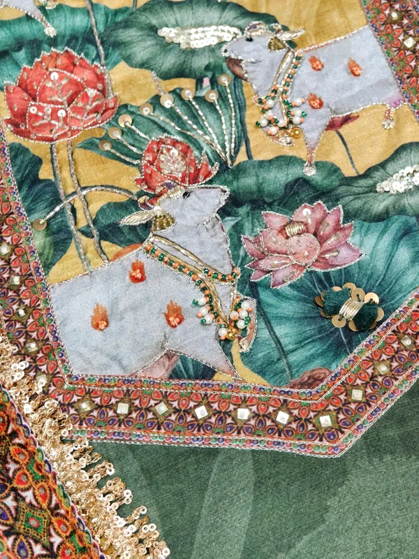 Green_Crepe_Silk_Cow_Pichwai_Print_With_Handwork_Neck_Unstitched_Suit_Set_For_Women