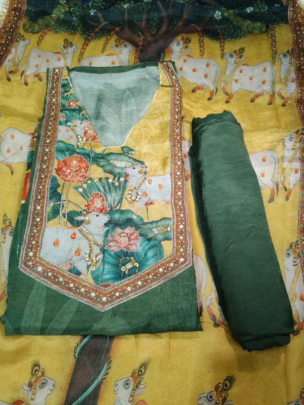 Green_Crepe_Silk_Cow_Pichwai_Print_With_Handwork_Neck_Unstitched_Suit_Set_For_Women