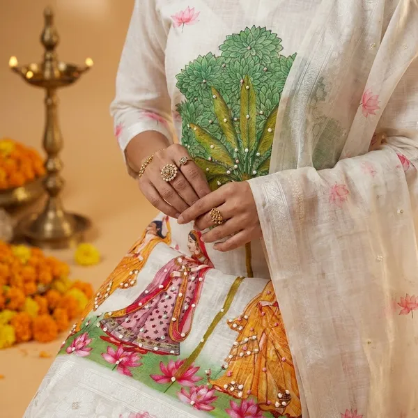 Off_White_Linen_Cotton_Pichwai_Sakhi_Print_With_Hand_Knot_Work_Unstitched_Suit_Set_For_Women