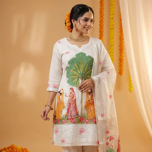 Off_White_Linen_Cotton_Pichwai_Sakhi_Print_With_Hand_Knot_Work_Unstitched_Suit_Set_For_Women