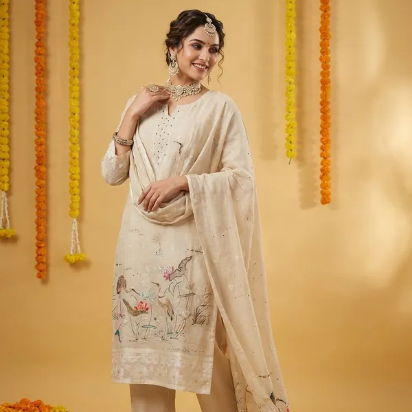 Off_White_Linen_Cotton_Sarus_Crane_Knot_Work_With_Elegant_Neck_Design_Unstitched_Suit_Set_For_Women