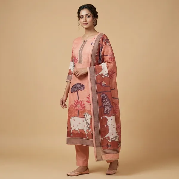 Peach_Linen_Chanderi_Cow_Pichwai_Print_And_Zari_Work_Unstitched_Suit_Set_For_Women