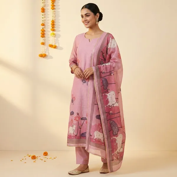 Pink_Linen_Chanderi_Cow_Pichwai_Print_And_Zari_Work_Unstitched_Suit_Set_For_Women