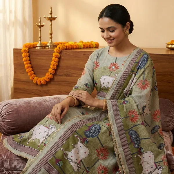 Green_Linen_Chanderi_Cow_Pichwai_Print_And_Zari_Work_Unstitched_Suit_Set_For_Women
