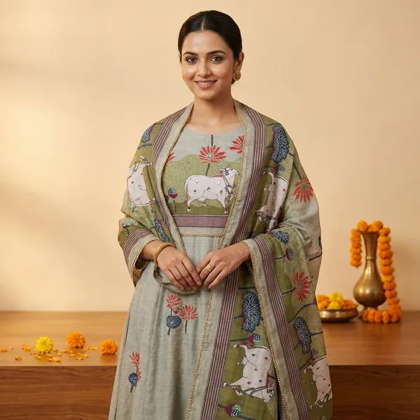 Green_Linen_Chanderi_Cow_Pichwai_Print_And_Zari_Work_Unstitched_Suit_Set_For_Women