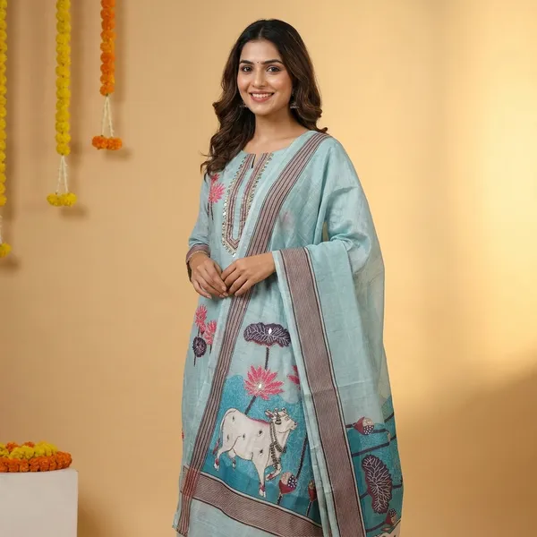 Blue_Linen_Chanderi_Cow_Pichwai_Print_And_Zari_Work_Unstitched_Suit_Set_For_Women