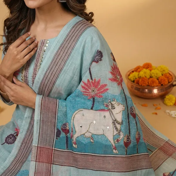 Blue_Linen_Chanderi_Cow_Pichwai_Print_And_Zari_Work_Unstitched_Suit_Set_For_Women