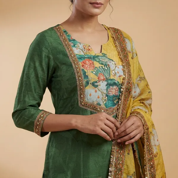 Green_Crepe_Silk_Cow_Pichwai_Print_With_Handwork_Neck_Unstitched_Suit_Set_For_Women