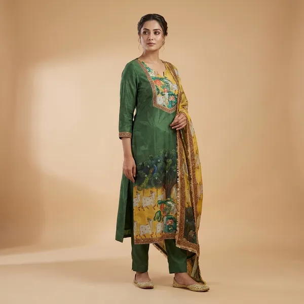Green_Crepe_Silk_Cow_Pichwai_Print_With_Handwork_Neck_Unstitched_Suit_Set_For_Women