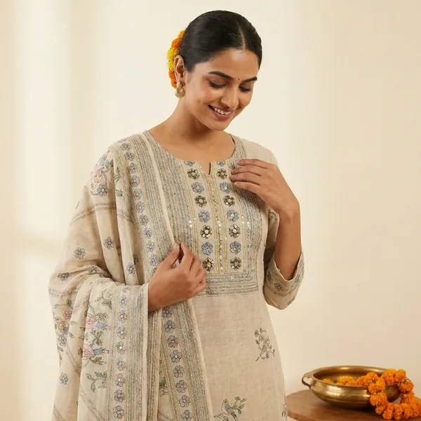 Off_White_Linen_Pastel_Floral_Print_And_Hand_Work_Neck_Unstitched_Suit_Set_For_Women