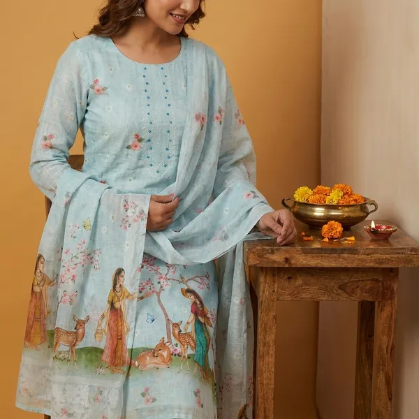 Blue_Linen_Cotton_Sakhi_And_Deer_Print_And_Knot_Work_Neck_Unstitched_Suit_Set_For_Women