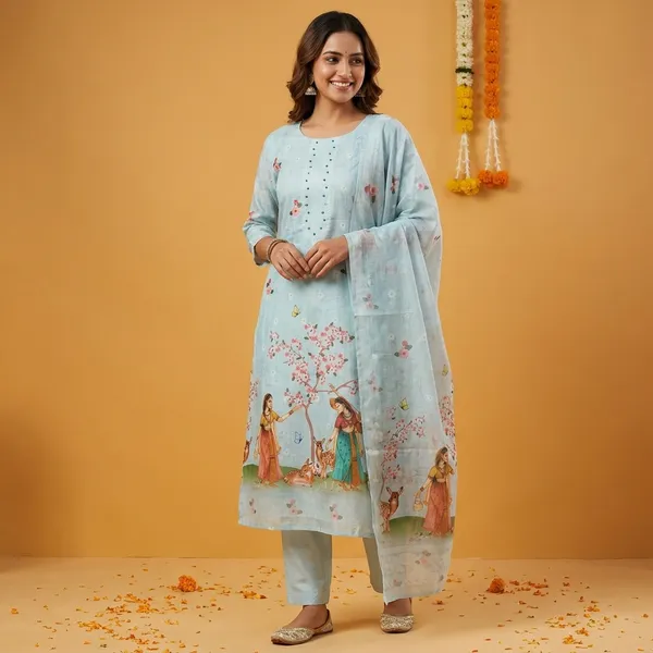 Blue_Linen_Cotton_Sakhi_And_Deer_Print_And_Knot_Work_Neck_Unstitched_Suit_Set_For_Women