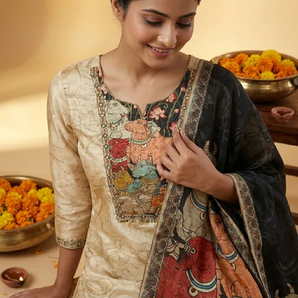 Beige_And_Black_Crepe_Silk_Cow_Pichwai_Print_And_Hand_Work_Neck_Unstitched_Suit_Set_For_Women