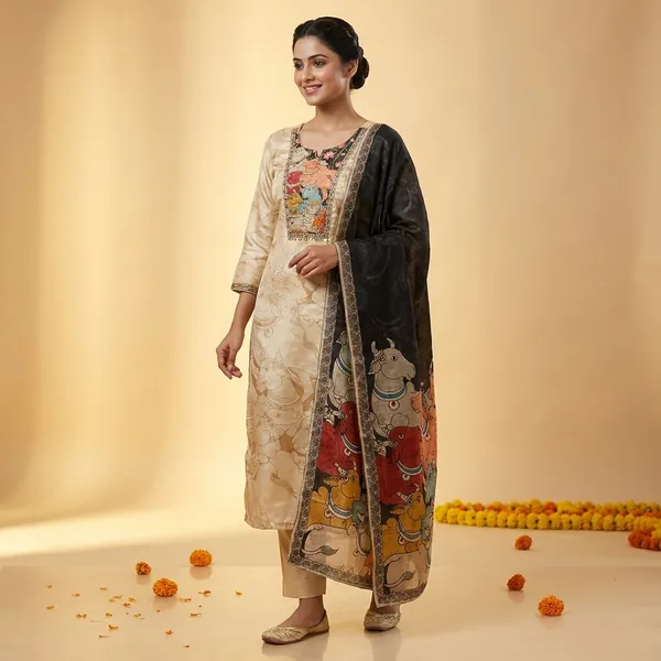 Beige_And_Black_Crepe_Silk_Cow_Pichwai_Print_And_Hand_Work_Neck_Unstitched_Suit_Set_For_Women