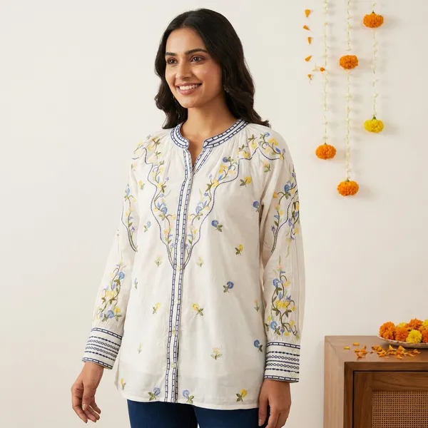 White_Premium_Mal_Cotton_Thread_Work_And_Floral_Embroidery_Top_For_Women