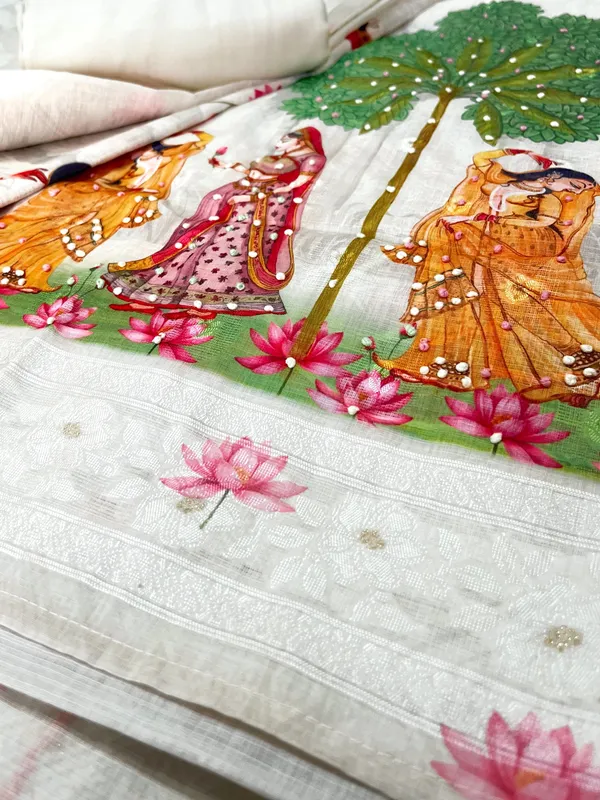 Off_White_Linen_Cotton_Pichwai_Sakhi_Print_With_Hand_Knot_Work_Unstitched_Suit_Set_For_Women