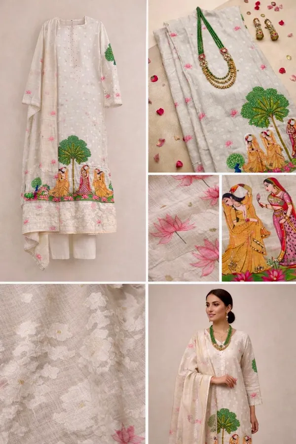 Off_White_Linen_Cotton_Pichwai_Sakhi_Print_With_Hand_Knot_Work_Unstitched_Suit_Set_For_Women