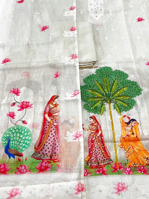 Off_White_Linen_Cotton_Pichwai_Sakhi_Print_With_Hand_Knot_Work_Unstitched_Suit_Set_For_Women