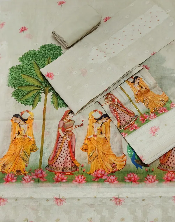Off_White_Linen_Cotton_Pichwai_Sakhi_Print_With_Hand_Knot_Work_Unstitched_Suit_Set_For_Women