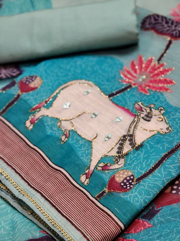 Blue_Linen_Chanderi_Cow_Pichwai_Print_And_Zari_Work_Unstitched_Suit_Set_For_Women