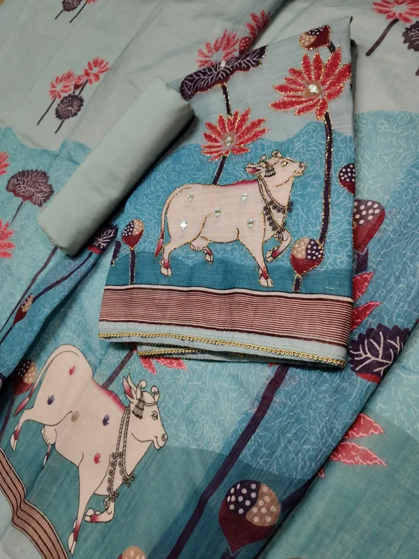 Blue_Linen_Chanderi_Cow_Pichwai_Print_And_Zari_Work_Unstitched_Suit_Set_For_Women