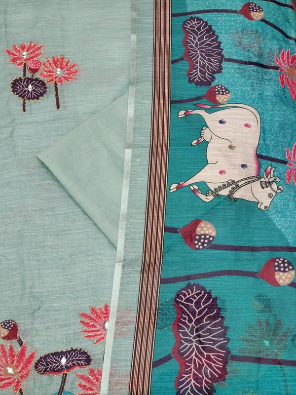Blue_Linen_Chanderi_Cow_Pichwai_Print_And_Zari_Work_Unstitched_Suit_Set_For_Women