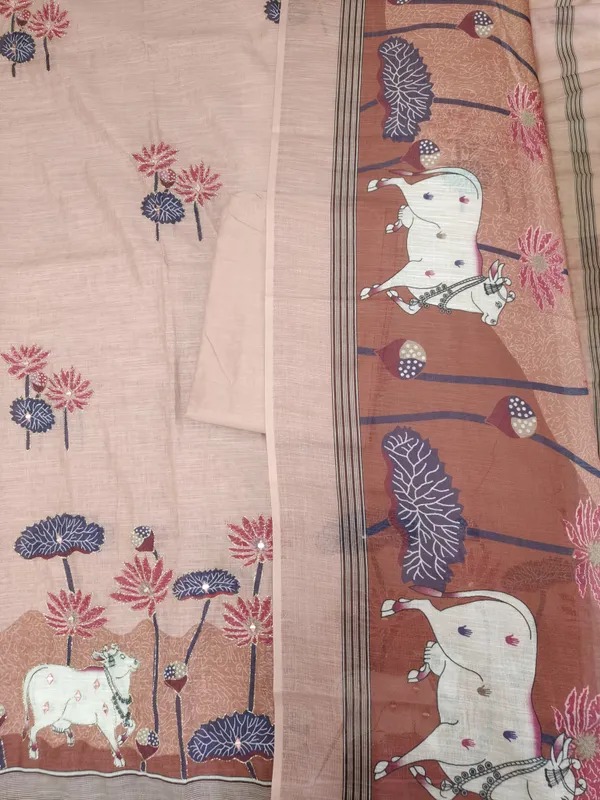 Peach_Linen_Chanderi_Cow_Pichwai_Print_And_Zari_Work_Unstitched_Suit_Set_For_Women