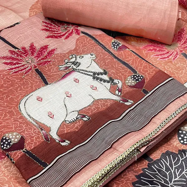 Peach_Linen_Chanderi_Cow_Pichwai_Print_And_Zari_Work_Unstitched_Suit_Set_For_Women