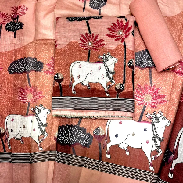 Peach_Linen_Chanderi_Cow_Pichwai_Print_And_Zari_Work_Unstitched_Suit_Set_For_Women