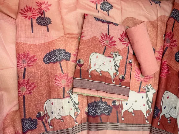 Peach_Linen_Chanderi_Cow_Pichwai_Print_And_Zari_Work_Unstitched_Suit_Set_For_Women