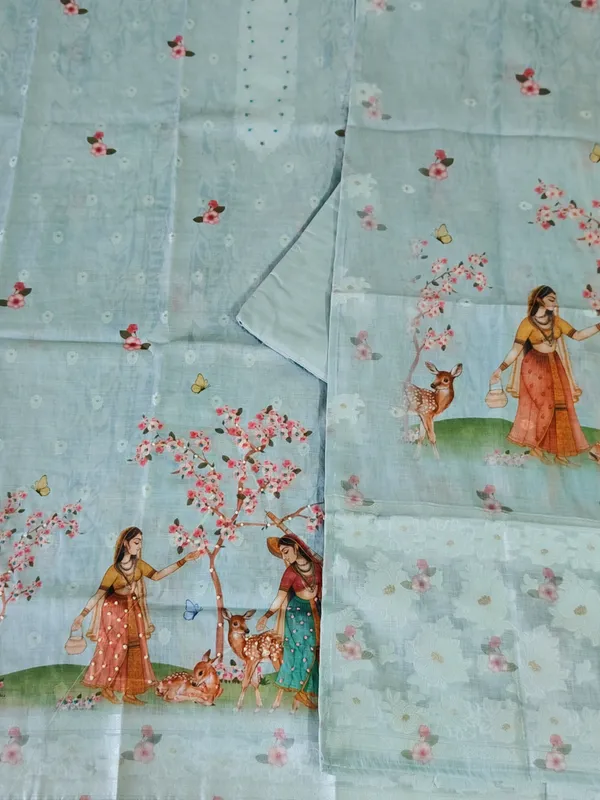 Blue_Linen_Cotton_Sakhi_And_Deer_Print_And_Knot_Work_Neck_Unstitched_Suit_Set_For_Women