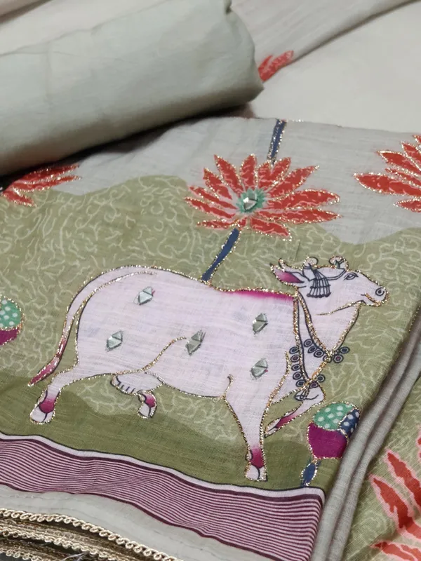 Green_Linen_Chanderi_Cow_Pichwai_Print_And_Zari_Work_Unstitched_Suit_Set_For_Women