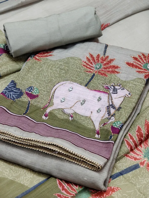 Green_Linen_Chanderi_Cow_Pichwai_Print_And_Zari_Work_Unstitched_Suit_Set_For_Women
