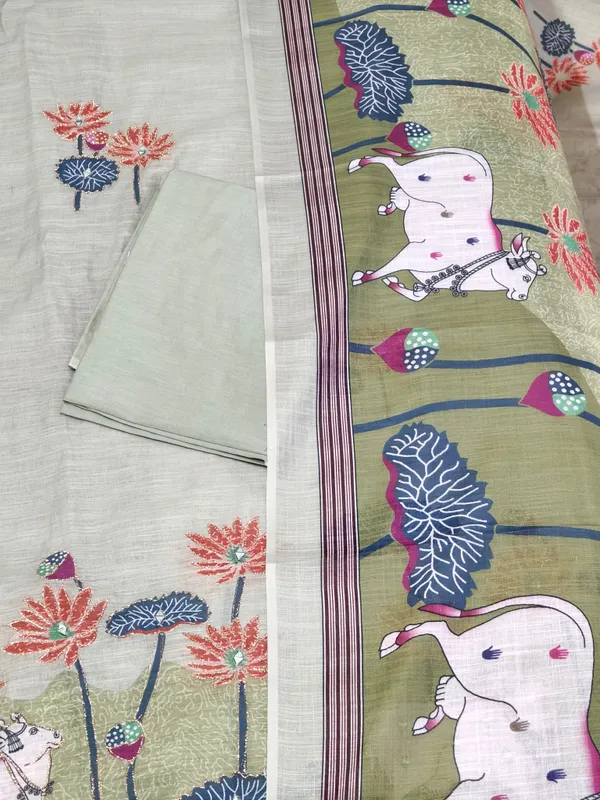 Green_Linen_Chanderi_Cow_Pichwai_Print_And_Zari_Work_Unstitched_Suit_Set_For_Women
