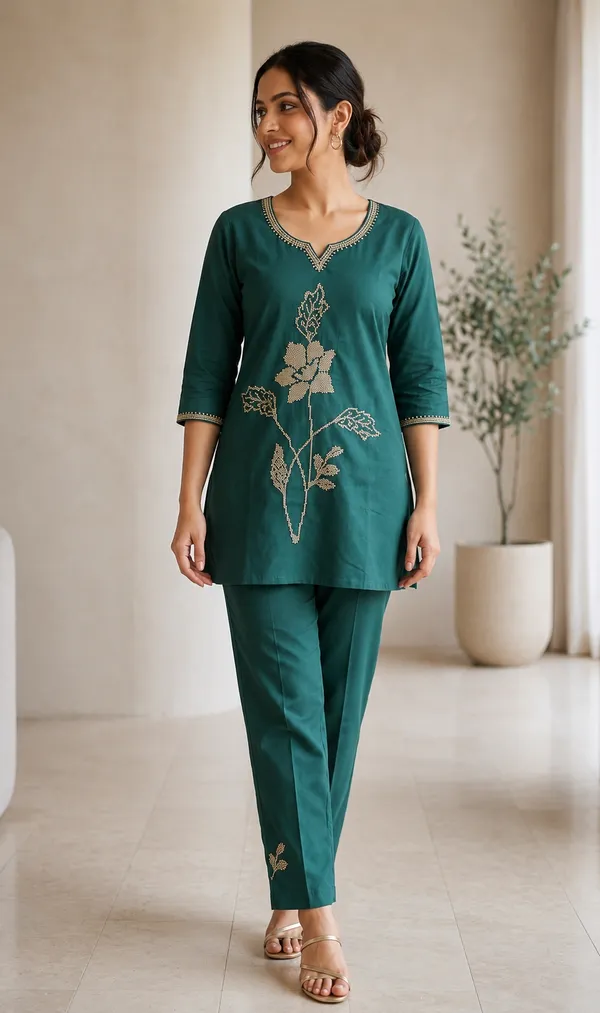 Teal_Heavy_Rayon_With_Embroidery_Work_Co-Ord_Set_For_Women