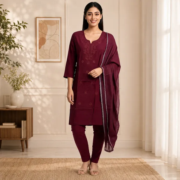Maroon_Heavy_Rayon_With_Embroidery_Work_Kurta_And_Pant_Set_With_Dupatta_For_Women