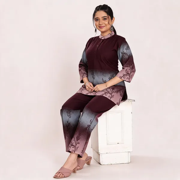 Maroon_And_Grey_Heavy_Rayon_With_Embroidery_Work_Co-Ord_Set_For_Women