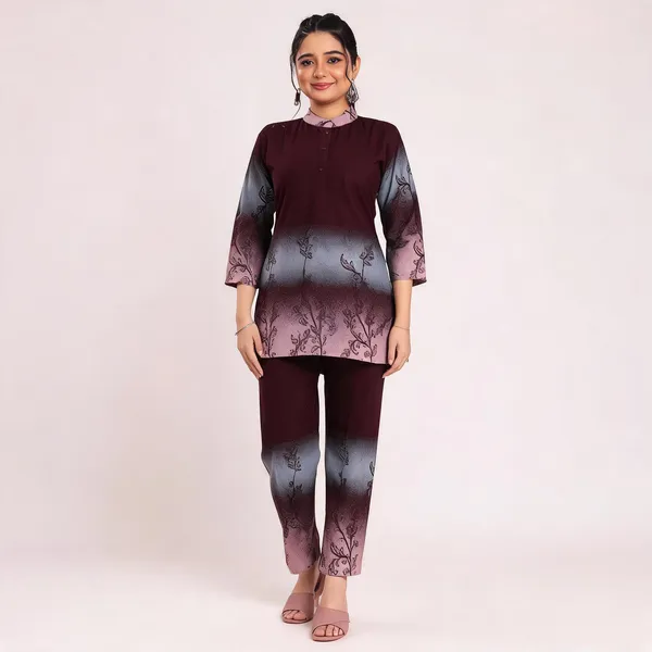 Maroon_And_Grey_Heavy_Rayon_With_Embroidery_Work_Co-Ord_Set_For_Women