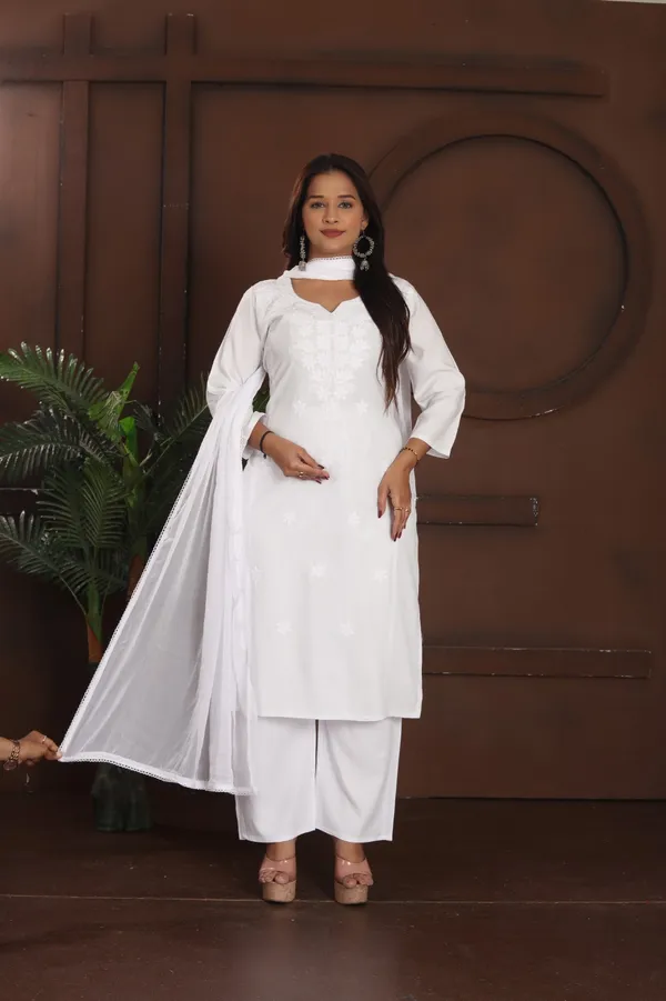 White_Heavy_Rayon_With_Embroidery_Work_Kurta_And_Pant_Set_With_Dupatta_For_Women